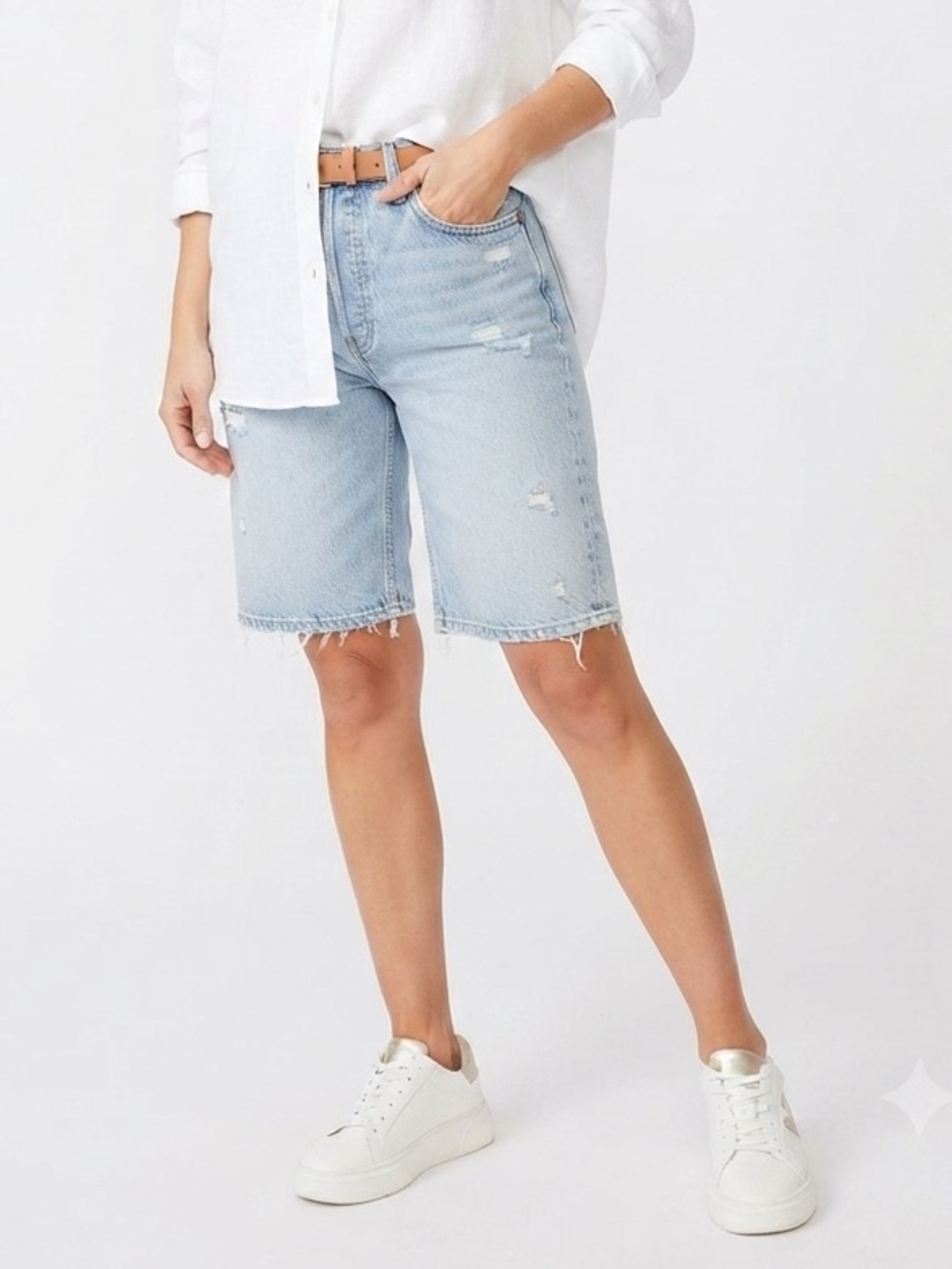 Light Wash Denim Bermuda Shorts - White